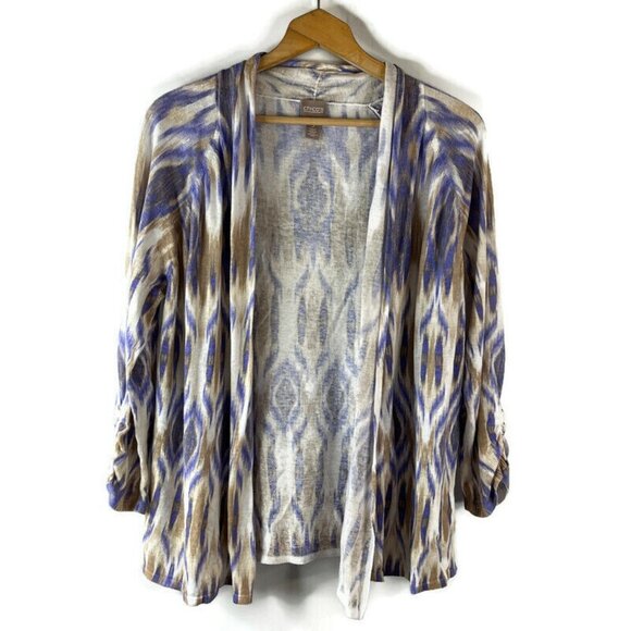 Chico's Womens Cardigan Sweater Size XL Purple Ikat Ruched 3/4 Sleeve Linen - Picture 1 of 10
